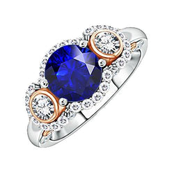 Halo Diamond Anniversary Ring Round Blue Sapphire Two Tone 3.50 Carats