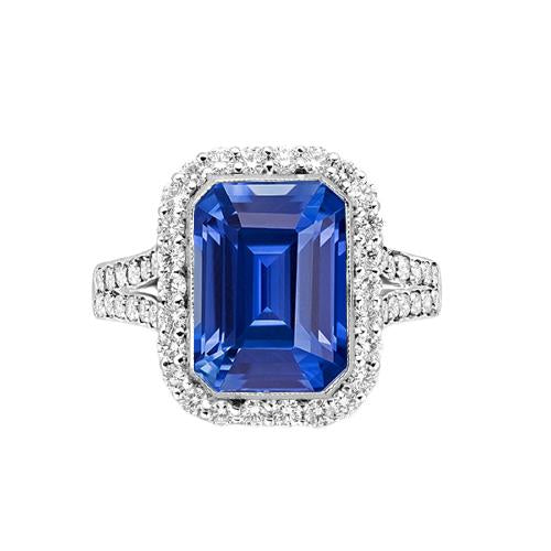 Halo Diamond Bezel Set Emerald Blue Sapphire Engagement Ring 4 Carats