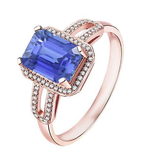 Halo Diamond Blue Sapphire Emerald Ring 3.50 Carats Rose Gold 14K