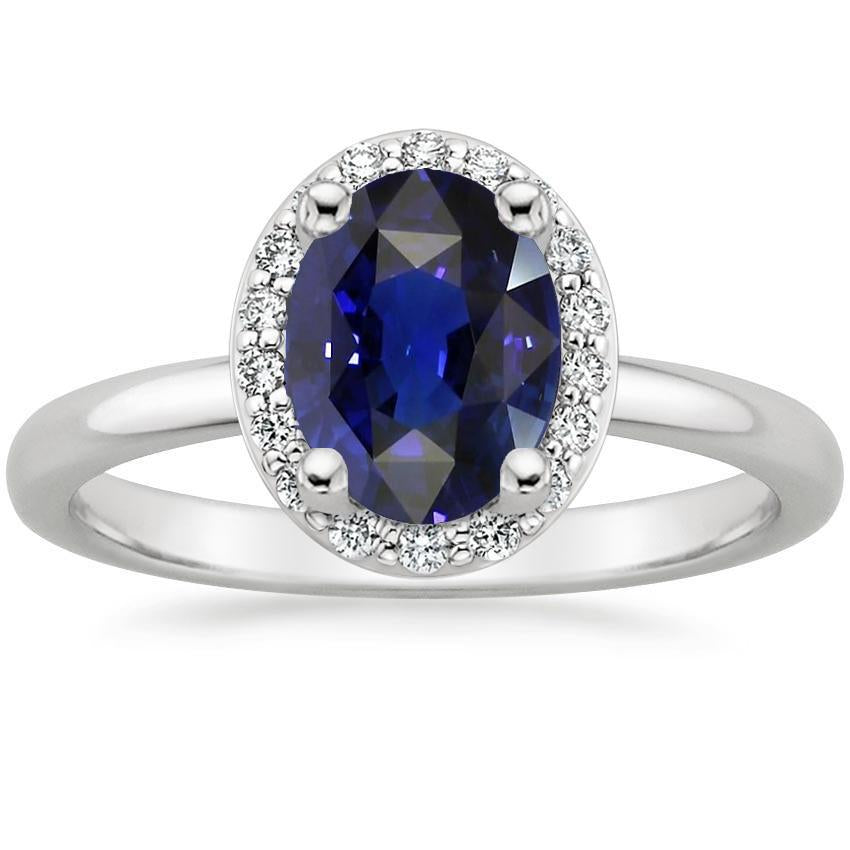 Halo Diamond Blue Sapphire Engagement Ring 4 Carats White Gold 14K