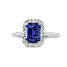 Halo Diamond Blue Sapphire Ring Emerald Cut 3 Carats White Gold 14K