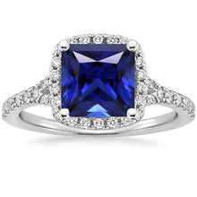 Halo Diamond & Blue Sapphire Ring With Accents V Split Shank 6 Carats