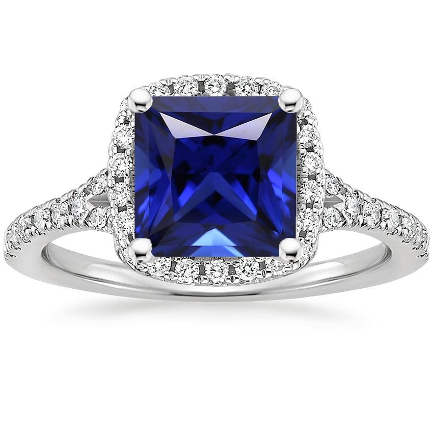 Halo Diamond & Blue Sapphire Ring With Accents V Split Shank 6 Carats