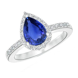Halo Diamond Blue Sapphire Teardrop Style Ring With Accents 5.50 Carat