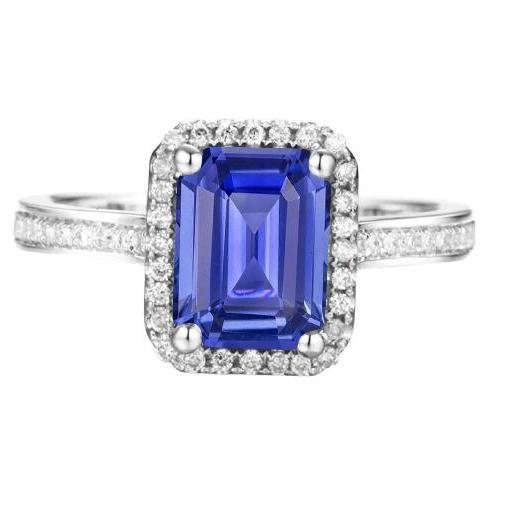 Halo Diamond Blue Sapphire Wedding Ring Emerald Cut 3.50 Carats Gold