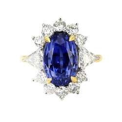 Halo Diamond Ceylon Sapphire Ring 4.25 Carats Two Tone Sunburst Style