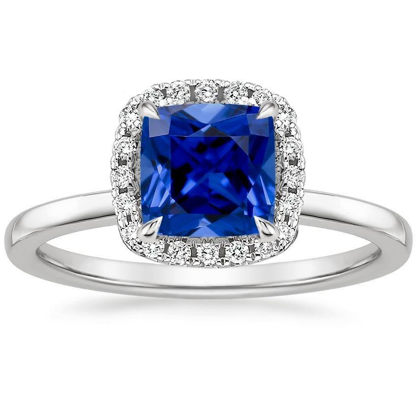 Halo Diamond Engagement Ring Prong Set Blue Sapphire Gold 2.75 Carats