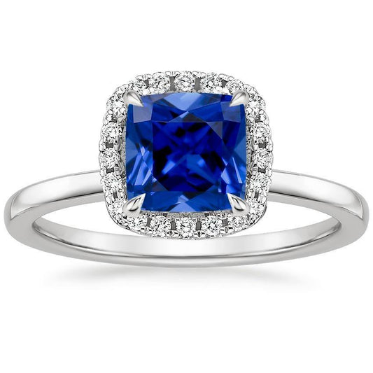Halo Diamond Engagement Ring Prong Set Blue Sapphire Gold 2.75 Carats