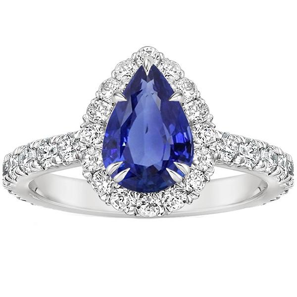 Halo Diamond Gemstone Ring Pear Ceylon Sapphire Claw Prong Set 6 Carat