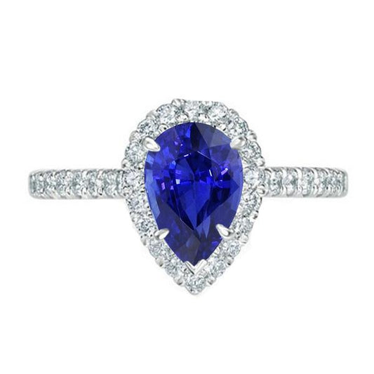 Halo Diamond Jewelry Pear Blue Sapphire Ring 4 Carats White Gold 14K