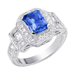 Halo Natural Earth Mined Diamond Radiant Sapphire Ring 2.50 Carats Vintage Style Baguettes