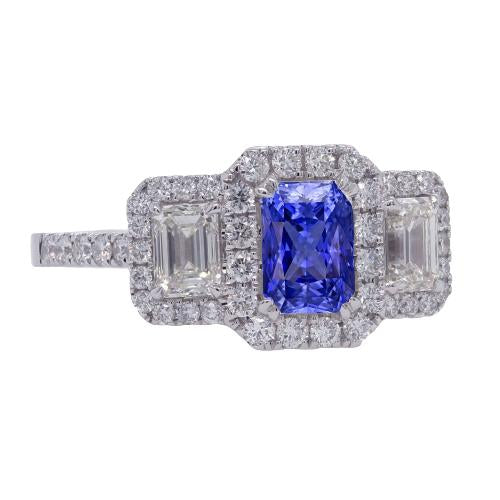 Halo Diamond Ring Deep Blue Sapphire Emerald & Round Accents 3 Carats