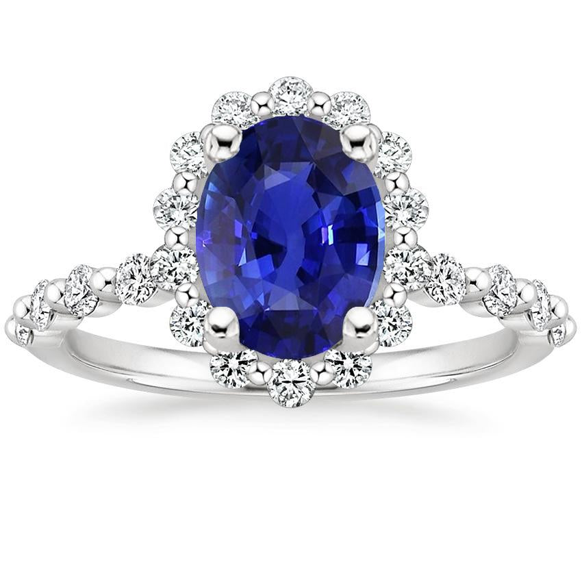 Halo Diamond Ring Flower Style Sri Lankan Sapphire 4 Carats