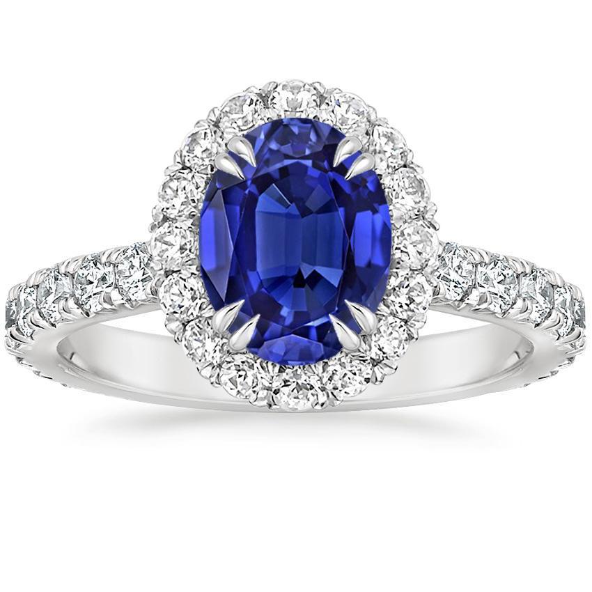 Halo Diamond Ring Oval Deep Blue Sapphire Claw Prong Set 6.50 Carats