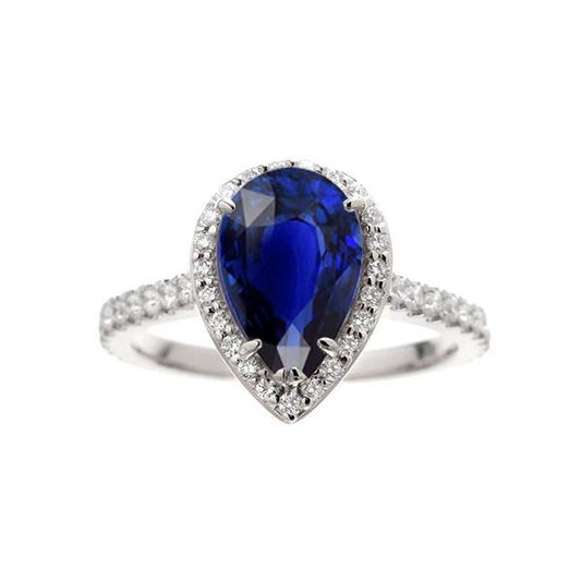 Halo Diamond Ring Pear Cut Sri Lankan Sapphire 3.25 Carats
