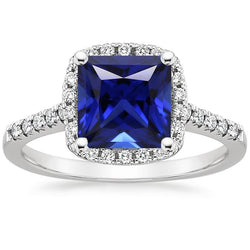 Halo Natural Earth Mined Diamond Ring Princess Blue Sapphire With Accents 6 Carat Gold 14K