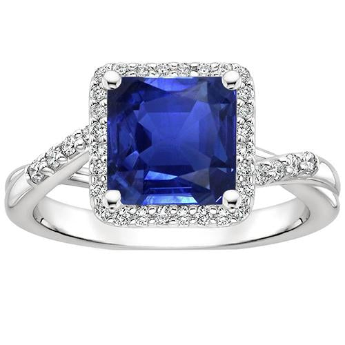 Halo Diamond Ring Square Shape Ceylon Blue Sapphire Center 4 Carats