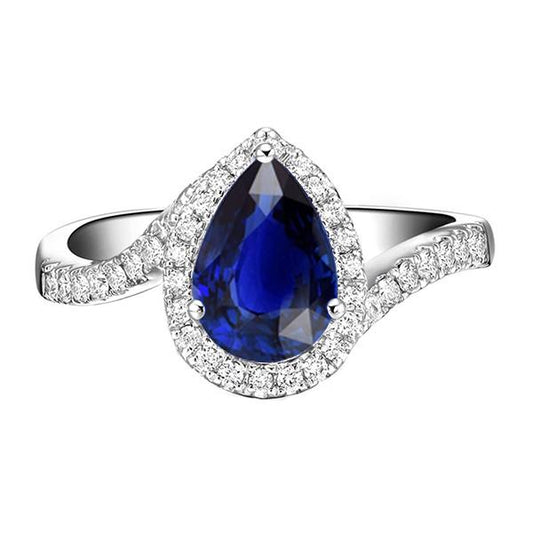 Halo Diamond Ring Tension Style Pear Blue Sapphire 4 Carats