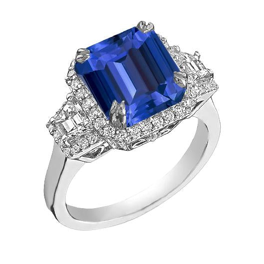 Halo Diamond Ring Trapezoid & Round Accents 4 Carat Deep Blue Sapphire