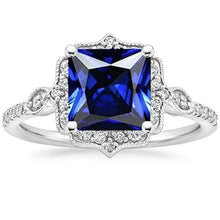 Halo Diamond Ring Vintage Style Ceylon Sapphire Princess Cut 6 Carats