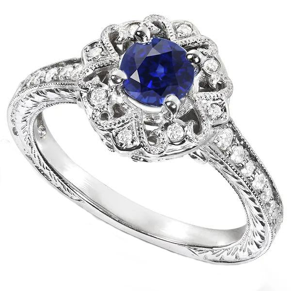 Halo Diamond Ring Vintage Style Sapphire 3 Carat Filigree Flower Style
