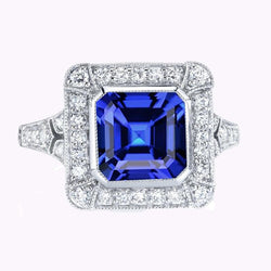 Halo Natural Earth Mined Diamond Sapphire Ring Asscher Bezel Set Milgrain Shank 4 Carats