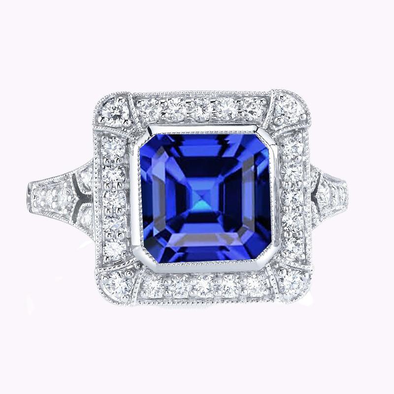 Halo Diamond Sapphire Ring Asscher Bezel Set Milgrain Shank 4 Carats