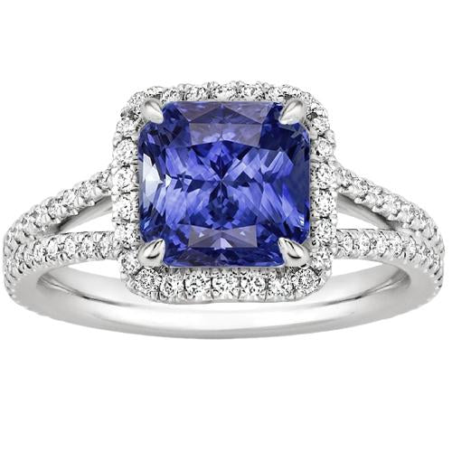 Halo Diamond Srilankan Sapphire Engagement Ring Split Shank 4 Carats