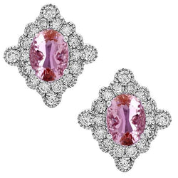 Halo Natural Earth Mined Diamond Stud Earrings With Pink Kunzite 22 Carats White Gold 14K