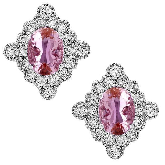 Halo Diamond Stud Earrings With Pink Kunzite 22 Carats White Gold 14K
