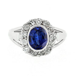 Halo Natural Earth Mined Diamond Wedding Ring Oval Ceylon Sapphire Bezel Set 4.50 Carats