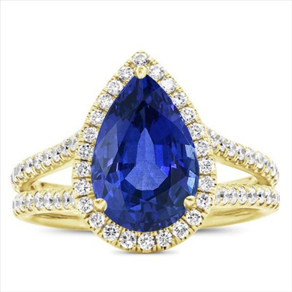 Halo Diamonds Ring & Sri Lanka Pear Sapphire 8 Carats Split Shank