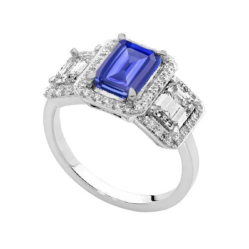 Halo Emerald Blue Sapphire Diamond Ring 3 Stone Style Jewelry 3 Carats
