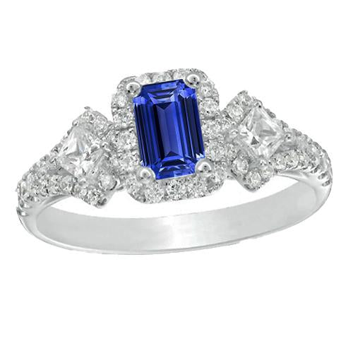 Halo Emerald Blue Sapphire Ring 3 Stone Style & Diamonds 4 Carats