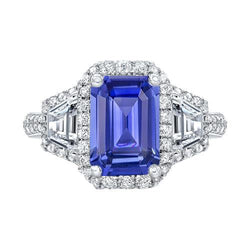 Halo Emerald Blue Sapphire Ring 4.50 Carats Trapezoid & Round Natural Earth Mined Diamonds