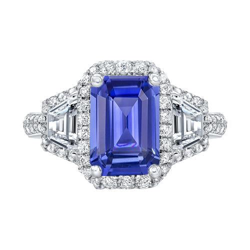 Halo Emerald Blue Sapphire Ring 4.50 Carats Trapezoid & Round Diamonds