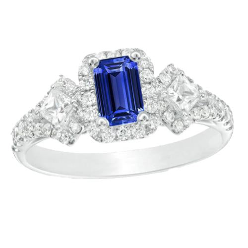 Halo Emerald Blue Sapphire Ring Princess & Round Diamonds 3.50 Carats