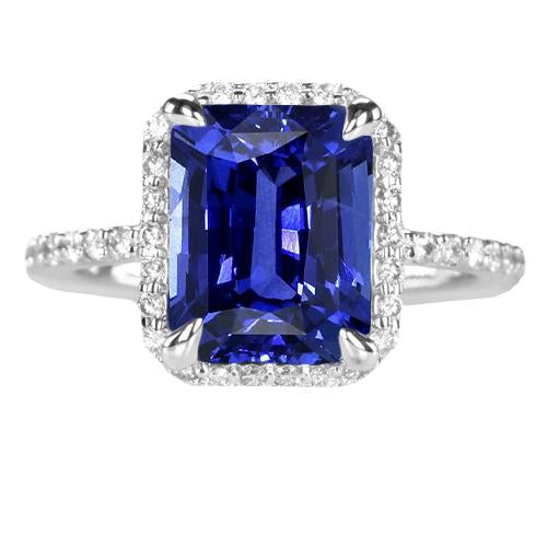 Halo Emerald Ceylon Sapphire Ring Prong Set Diamonds 4.50 Carats