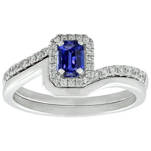 Halo Emerald Sapphire Engagement Ring Set With Matching Band 3 Carats