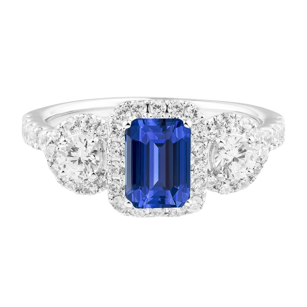 Halo Emerald Sapphire Ring 4.50 Carats Round Diamond Gold Jewelry