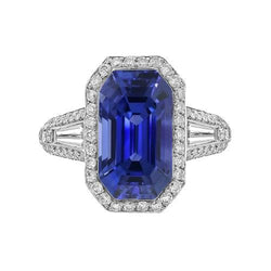 Halo Emerald Sapphire Ring With Round & Baguette Diamonds 4 Carats