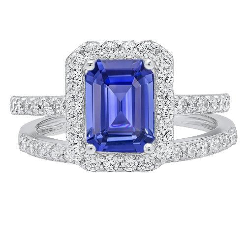 Halo Emerald Sapphire Wedding Ring Set 4.50 Carats White Gold Jewelry