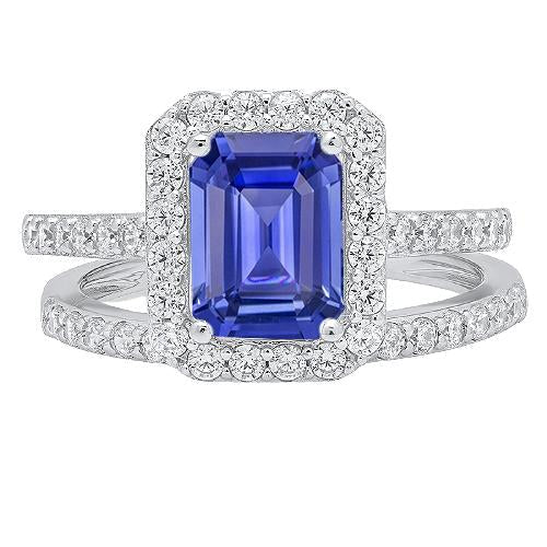 Halo Emerald Sapphire Wedding Ring Set 4.50 Carats White Gold Jewelry