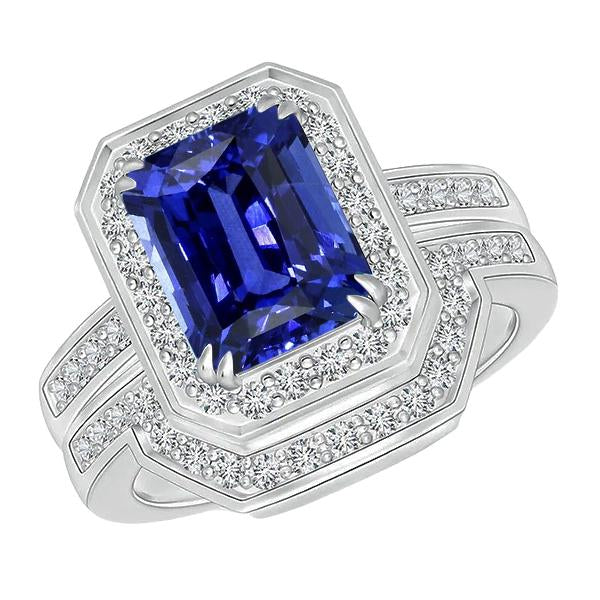 Halo Emerald Sapphire Wedding Ring Set White Gold Diamonds 4.50 Carats