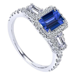 Halo Emerald Wedding Ring Blue Sapphire Baguette Natural Earth Mined Diamonds 3.50 Carats
