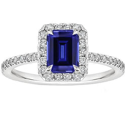 Halo Engagement Ring Emerald Cut Ceylon Sapphire & Natural Earth Mined Diamond 4.25 Carats