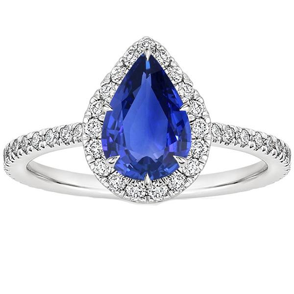 Halo Engagement Ring Pear Ceylon Sapphire & Diamonds 3.50 Carats