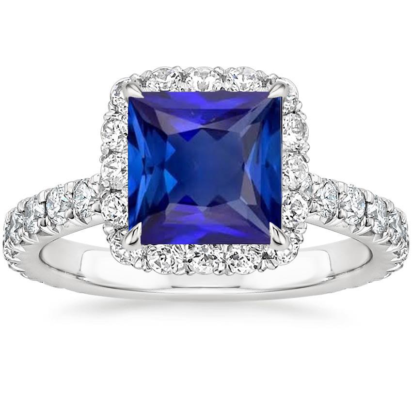 Halo Engagement Ring Princess Blue Sapphire With Accents 6.50 Carats