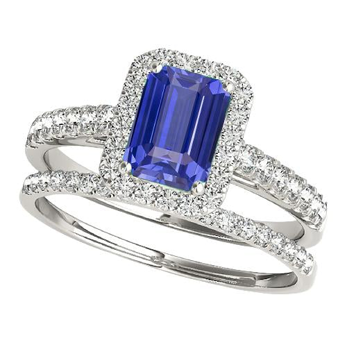 Halo Engagement Ring Set Emerald Blue Sapphire With Gold Band 4 Carats