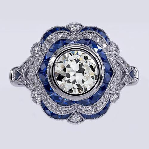 Halo Gemstone Old Miner Bezel Set Diamond Sapphire Ring 3.50 Carats